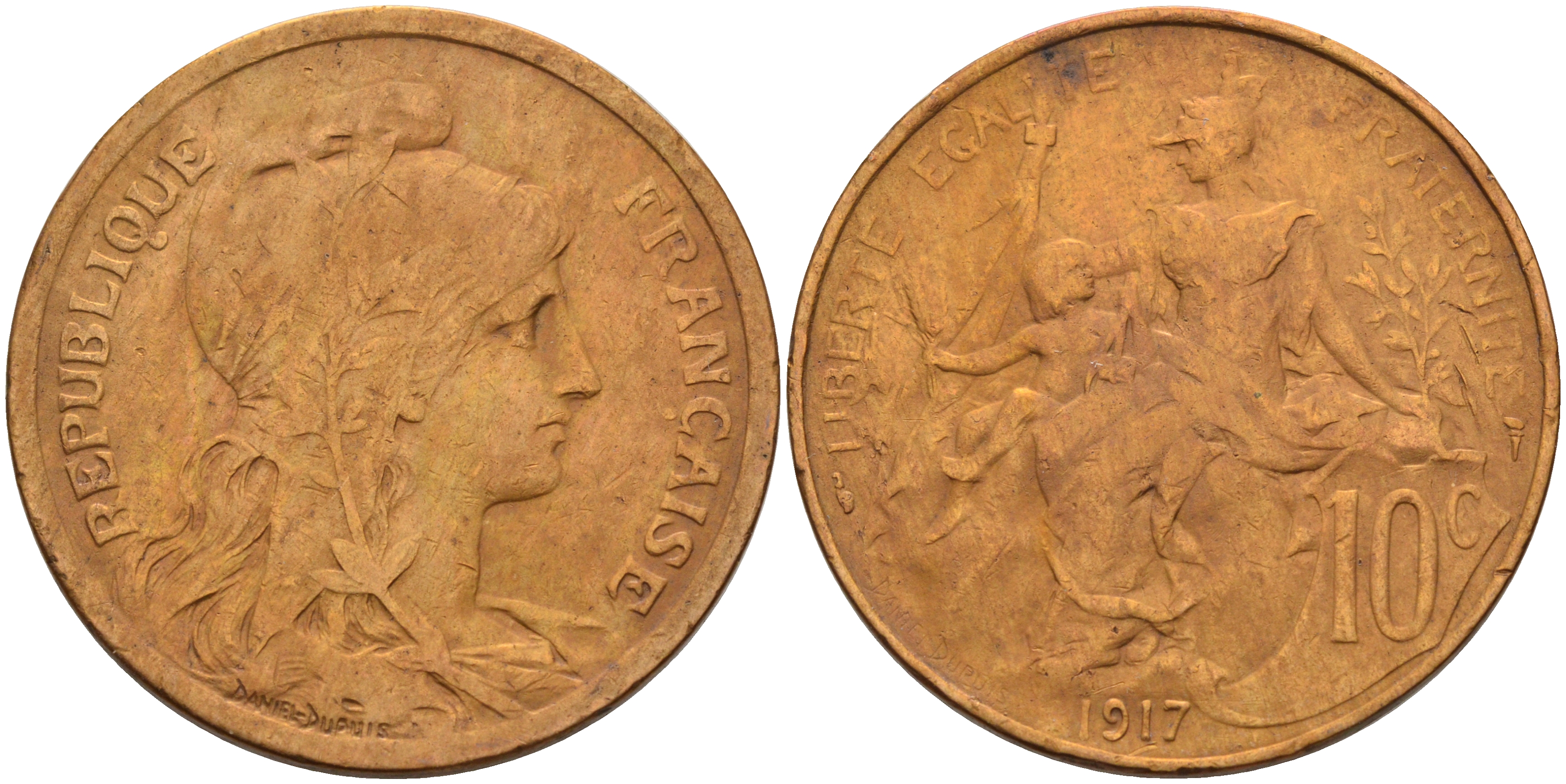 Франция 10 сантимов 1917 тип Даниэль Дюпюи KM 843, LA FRANC 136.29 бронза 4117-315