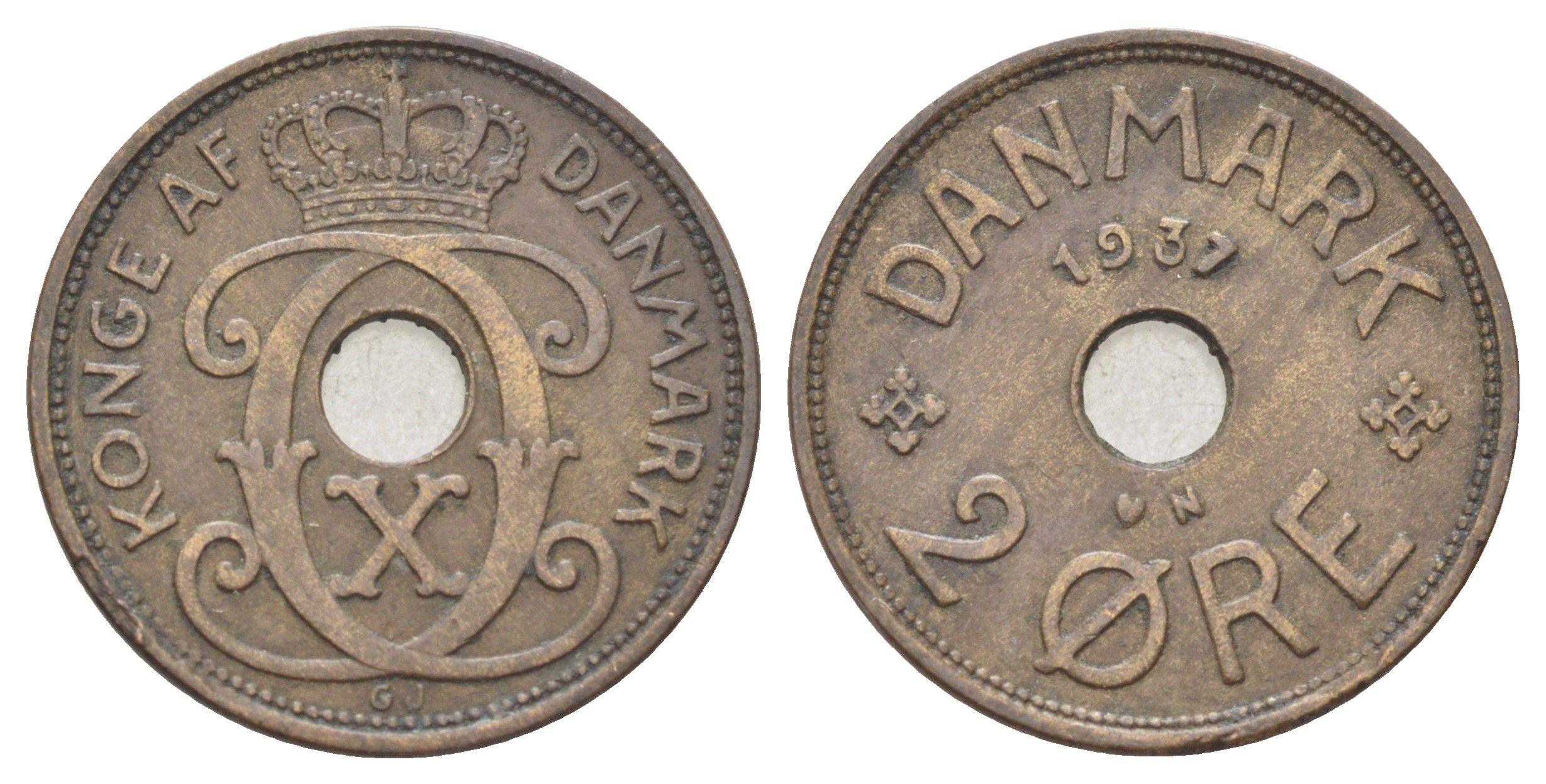 Дания 2 эре 1937 N, Кристиан X (1912-1947) KM 827 бронза 4701-848