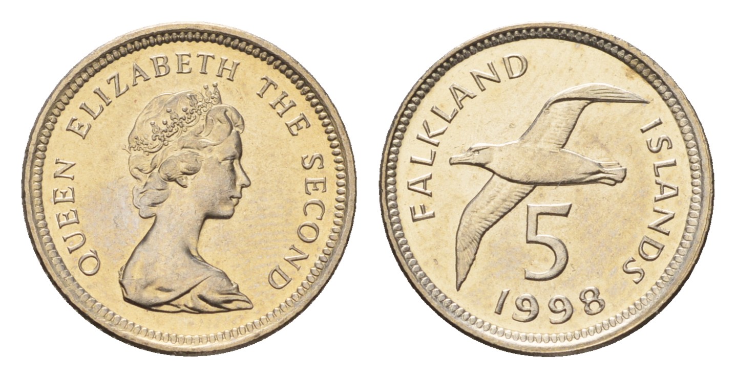 Фолклендские острова (Фолкленды) 5 пенсов 1998 Елизавета II (1952-2022), чернобровый альбатрос KM 4.2 медно-никель  UNC  3458-1212