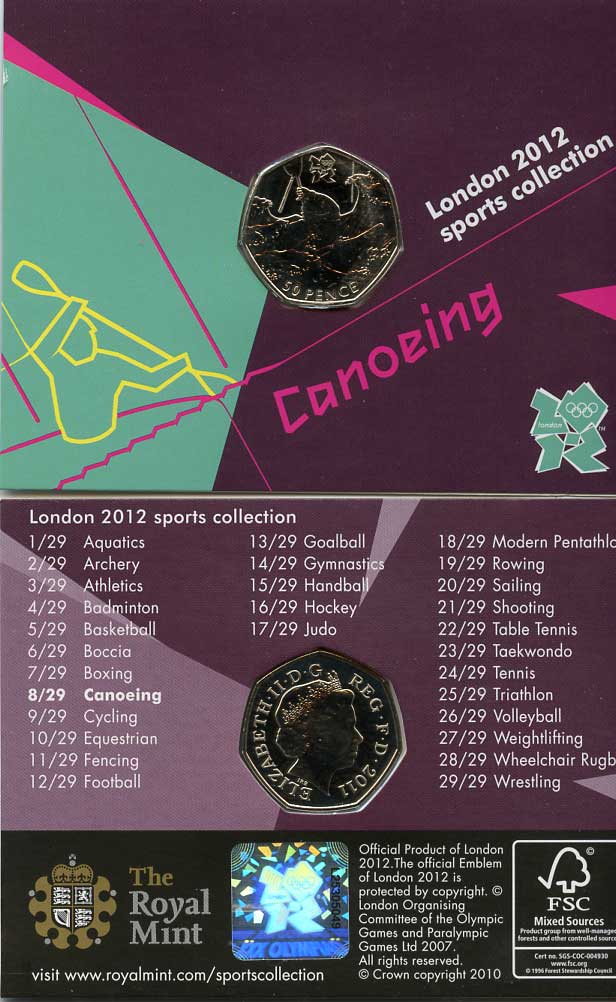 Великобритания 50 пенсов 2011 XXX летние Олимпийские игры в Лондоне в 2012 году, гребля на каноэ, в оригинальном картонном буклете, с Олимпийской голограммой (8/29) KM 1168 медно-никель  UNC  3-6-6-04