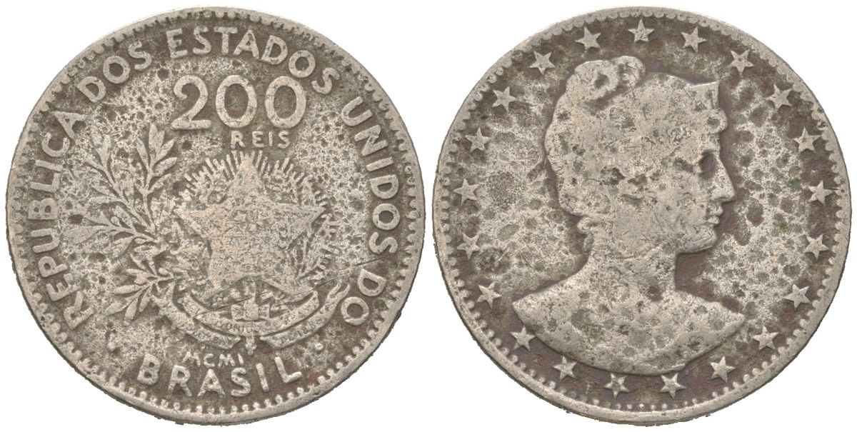 Бразилия 200 реалов 1901 MCMI, голова свободы вправо KM 504 медно-никель 4612-133