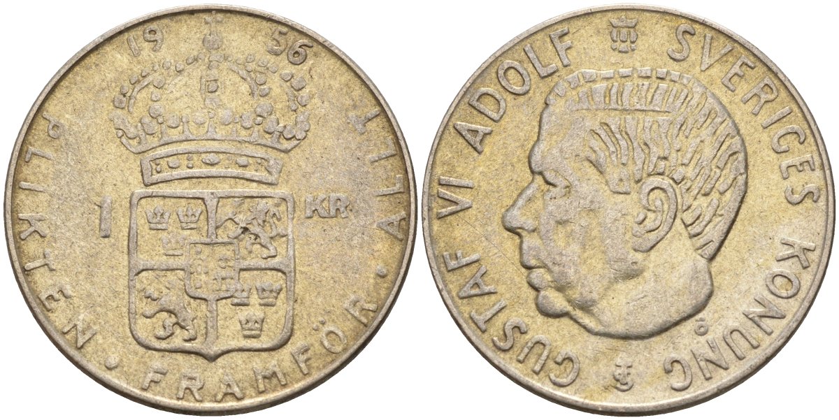 Швеция 1 крона 1956 TS, Густав VI Адольф (1950-1973) KM 826 серебро 4148-1152