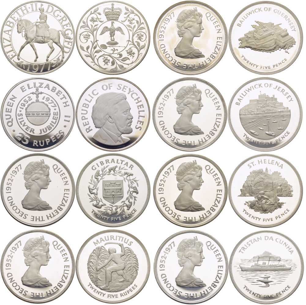Страны Британского содружества набор из 8 монет 1977 25 лет правления Елизаветы, Сейшельские острова, Маврикий 25 рупий, Гернси, Гибралтар, Джерси, Остров Святой Елены, Тристан-да-Кунья 25 пенсов, Великобритания 1 крона серебро PROOF 00-00