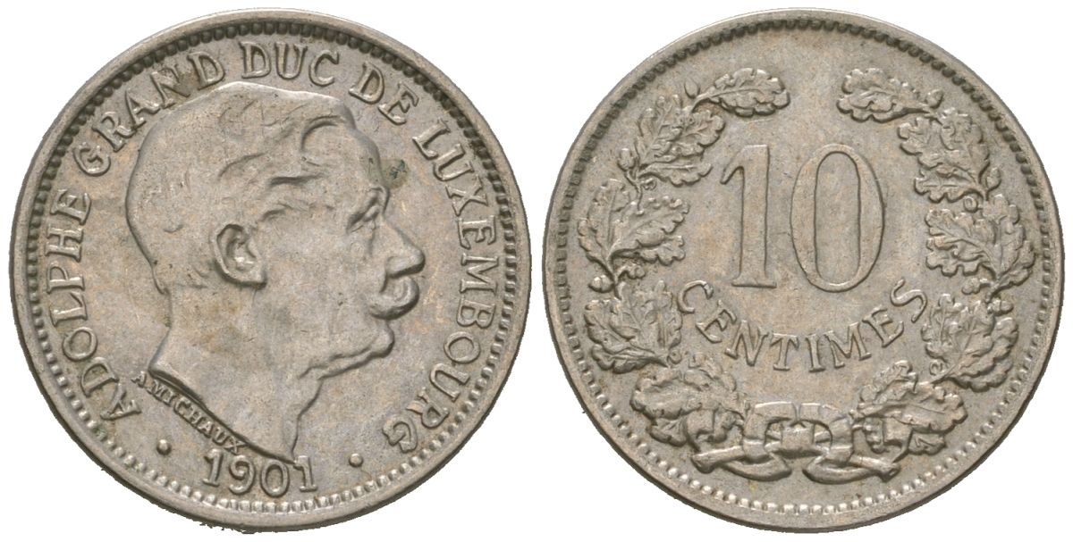 Люксембург 10 сантимов 1901 Адольф (1890-1905) KM 25 никель 4615-517