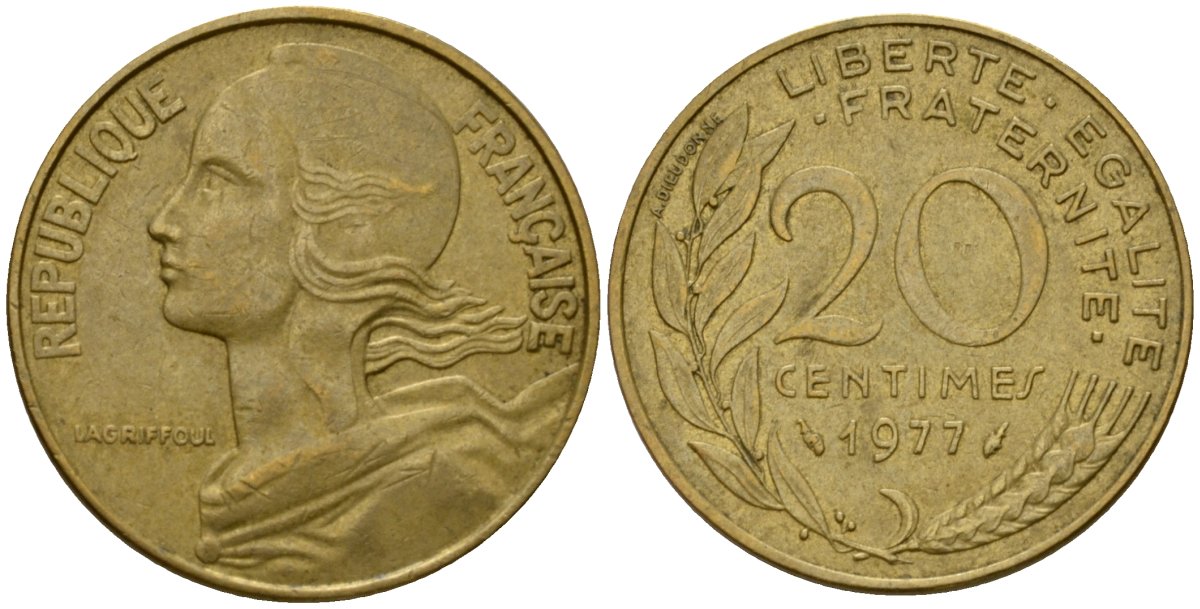 Франция 20 сантимов 1977 тип Marianne KM 930 алюминиевая бронза 4393-316