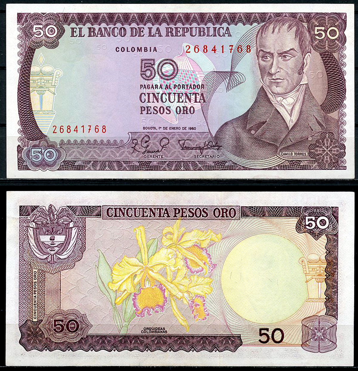 Колумбия 50 песо 1980 Камило Торрес Тенорио, орхидеи  Pick 422 a  бумага  UNC (пресс) 447-72-3-3