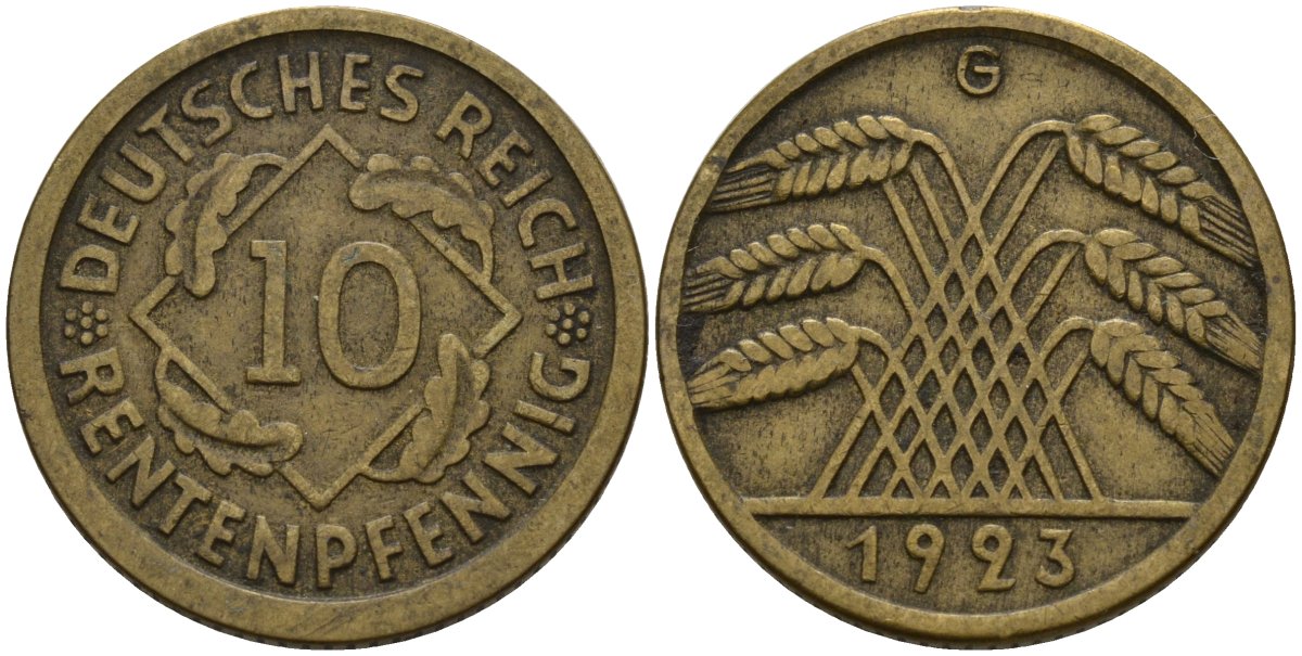 Германия 10 рентенпфеннигов 1923 G KM 33, J. 309 алюминиевая бронза 3336-234