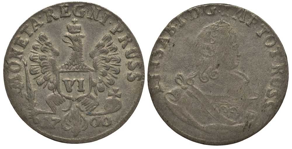 Россия для Прусии 6 грошей 1760 цена по каталогу Петрова 4 рубля Биткин 716, Old. 454 a серебро 00-820-50