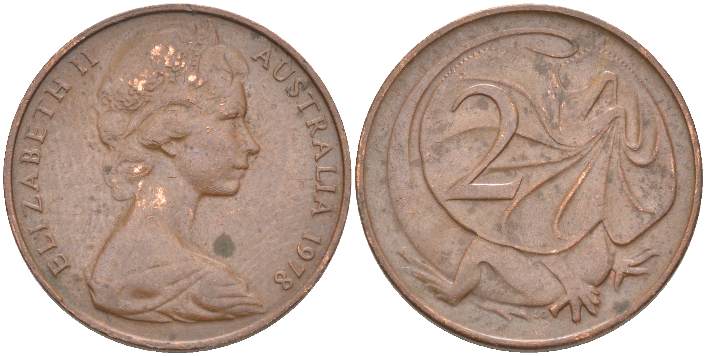 АВСТРАЛИЯ 2 ЦЕНТА 1978 ЕЛИЗАВЕТА II, МОЛОДОЙ ПОРТРЕТ, ПЛАЩЕНОСНАЯ ЯЩЕРИЦА (FRILLED LIZARD) KM 63 бронза 119-1222