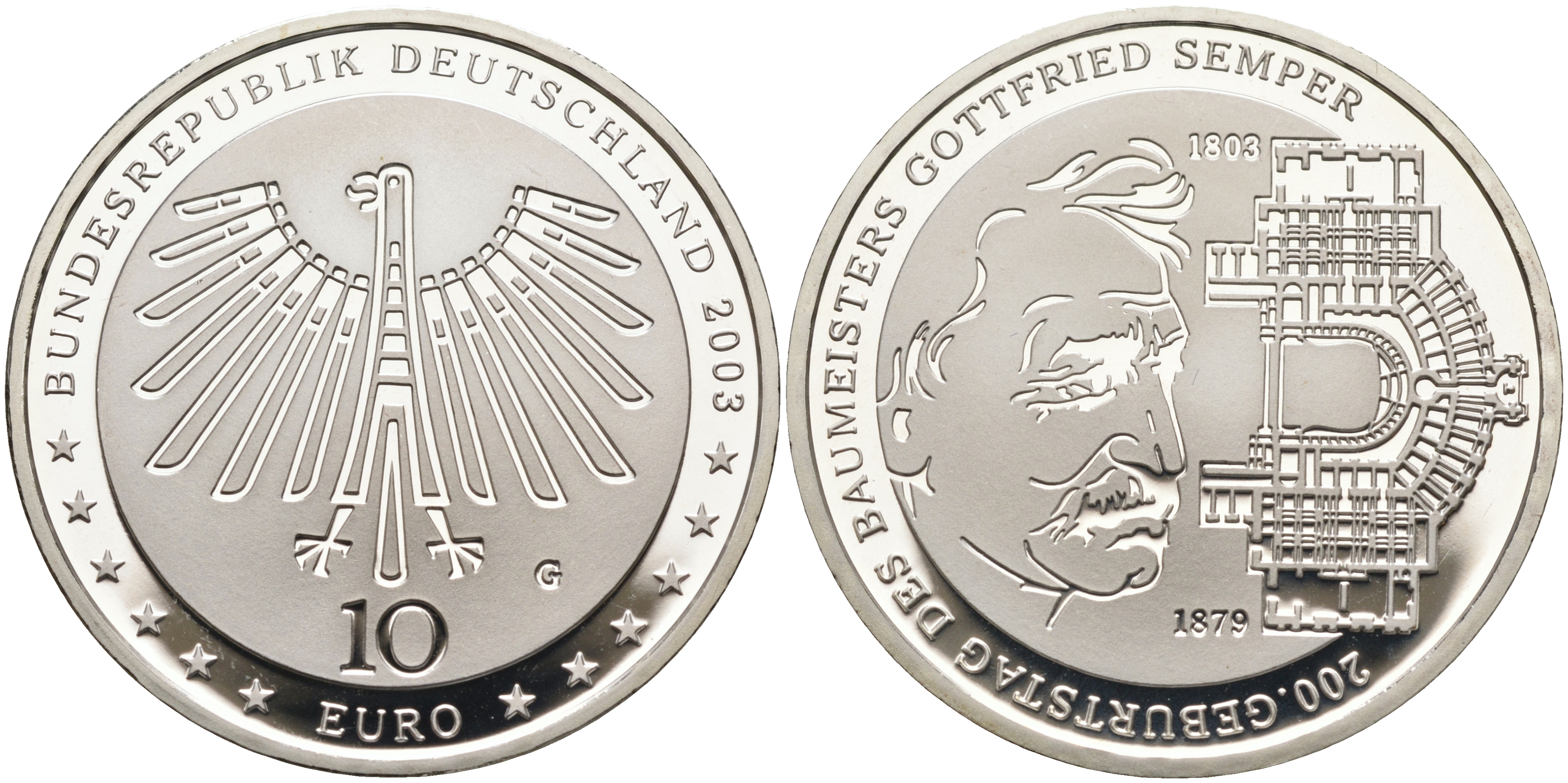 ФРГ 10 евро 2003 G, 200 лет Готфриду Земперу KM 227, DE.S. 10.11 серебро PROOF 02-070-54