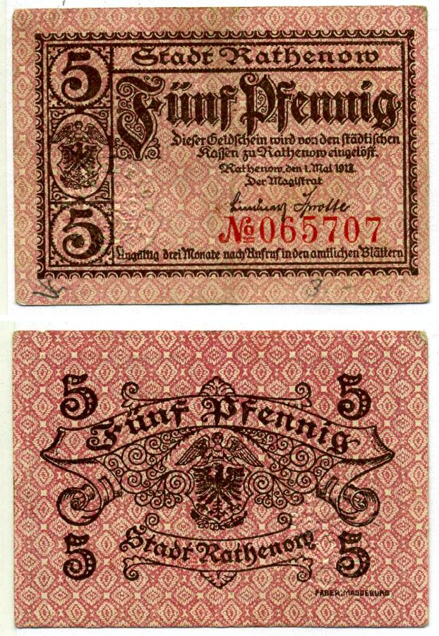 Ратенов 5 пфеннигов 1917 1 мая 1917, нотгельд, земля Бранденбург, текст коричневый, номер шестизначный Grabowski R8.1a бумага 2193-38-1-1