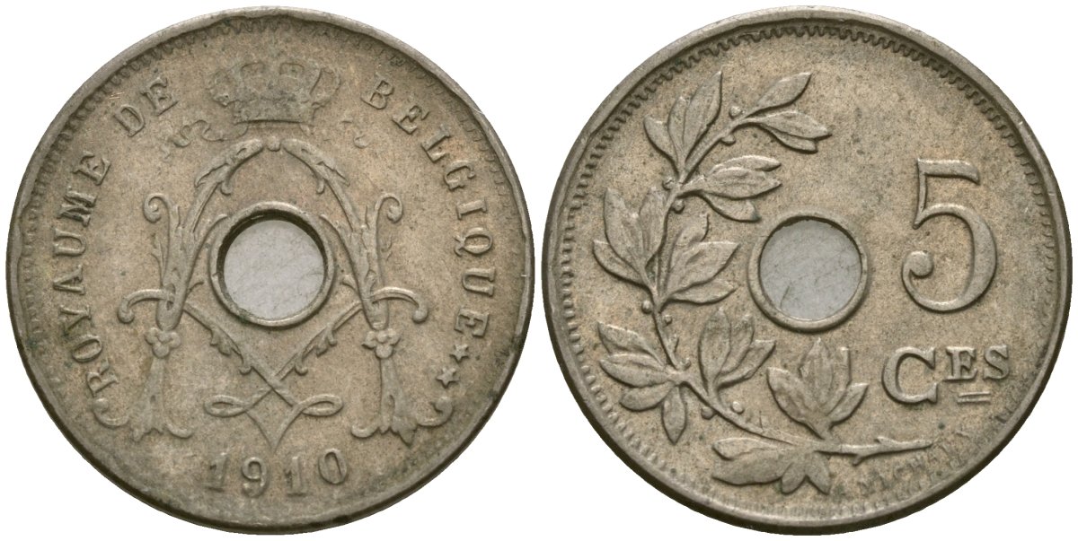 Бельгия 5 сантимов 1910 Belgique, Альберт I (1909-1934) KM 66 медно-никель 4136-466
