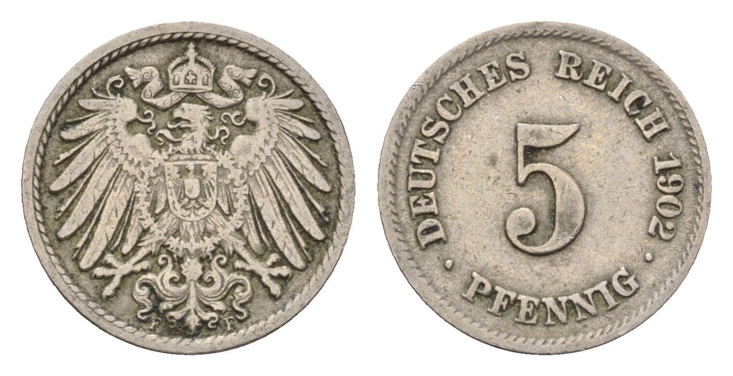 Германия 5 пфеннигов 1902 F, Вильгельм II (1888-1918) KM 11, J. 12 медно-никель 4632-1246