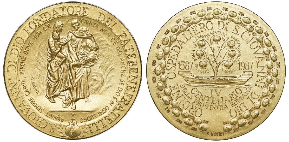 Италия медаль 1987 400 лет ордену госпитальеров Иоанна Божьего в Римской провинции, Больница Святого Фатебенефрателли, диаметр 70 мм.  желтый металл    4113-822