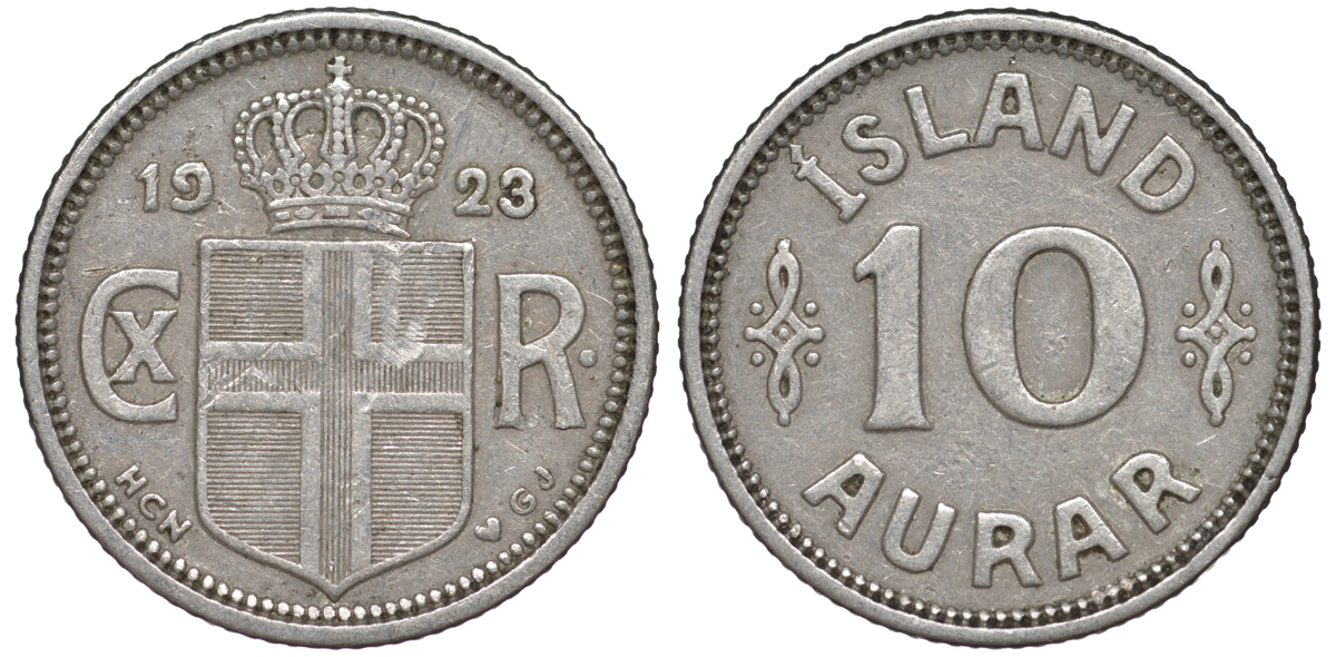 Исландия 10 эйре 1923 HCN GJ, Кристиан X (1912-1944) KM 1.1 медно-никель 4596-412