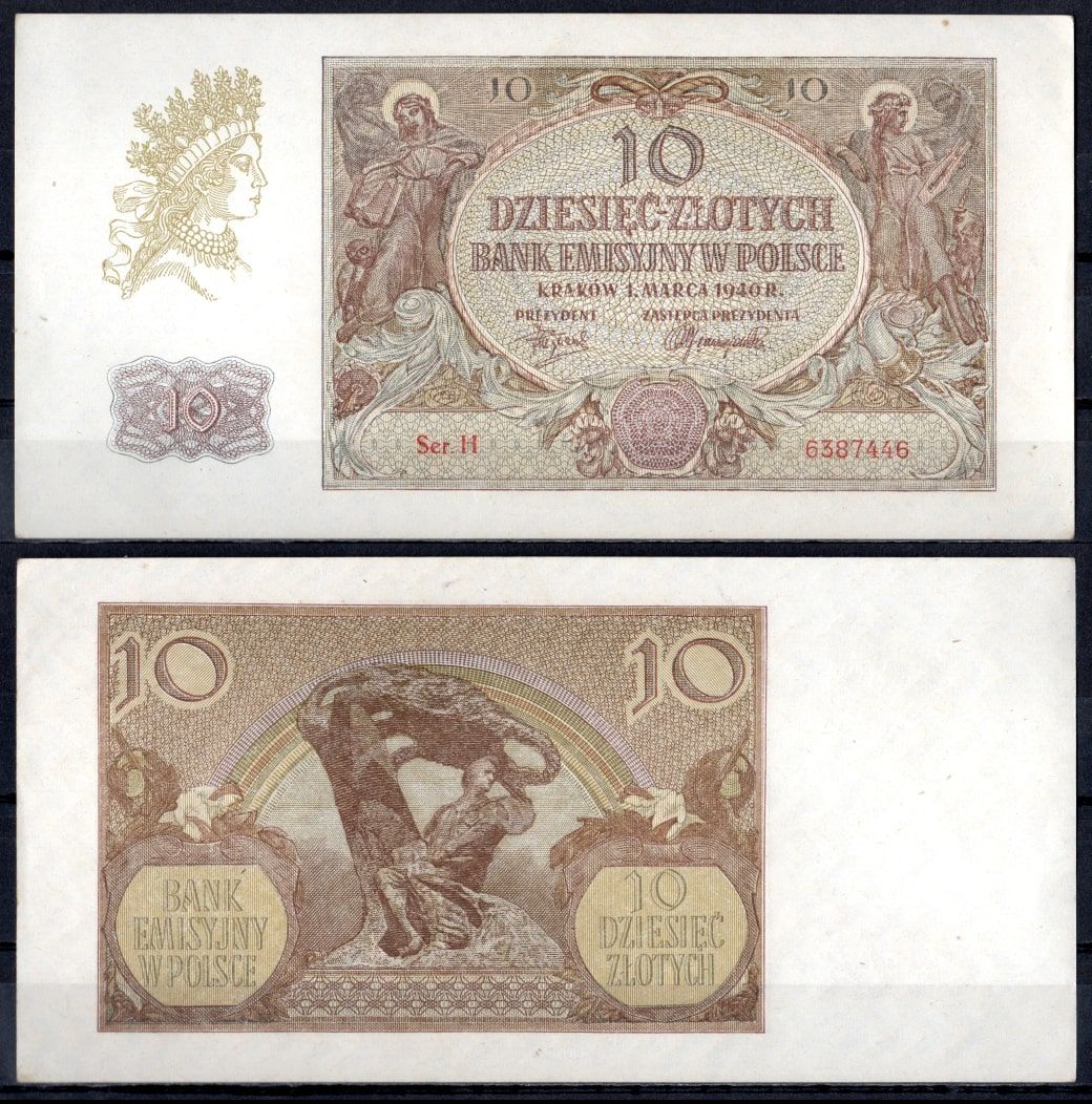 Польша 10 злотых 1940 Аллегорические женщины Pick 94 (1) бумага aUNC 451-1073-1