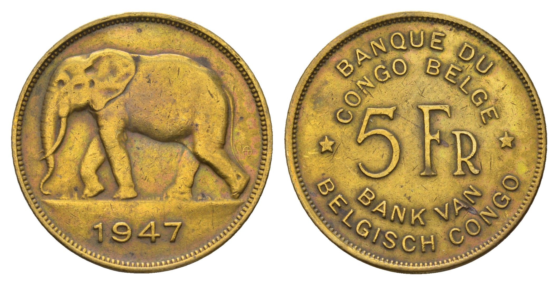 Бельгийское Конго 5 франков 1947 Леопольд III (1934-1951), год-тип KM 29 латунь 1519-244
