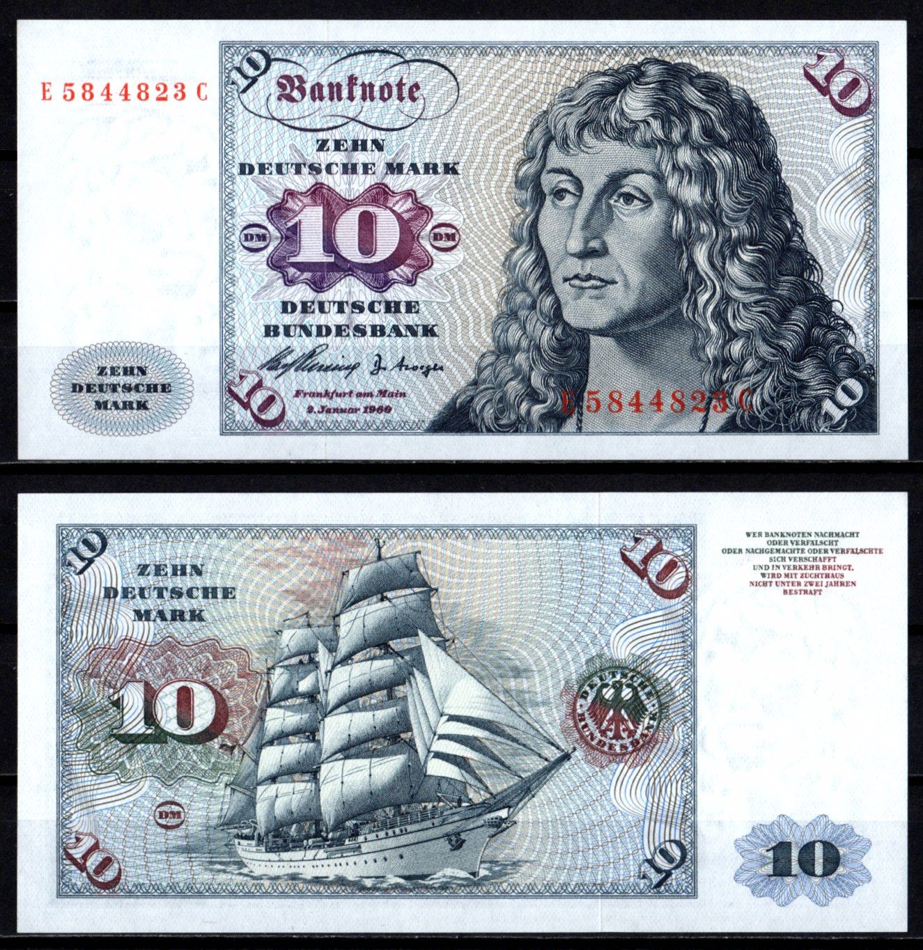 ФРГ 10 марок 1960 Альбрехт Дюрер. Kорабль "Горх Фок" Pick 19 бумага UNC (пресс) 451-1107-3