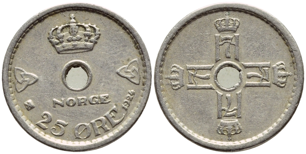 НОРВЕГИЯ 25 ЭРЕ 1924 ХОКОН VII (1905-1957) KM 384 медно-никель 4396-419