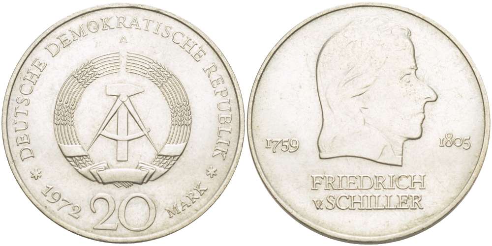 ГДР 20 марок 1972 А, Фридрих Шиллер (1759-1805) KM 40 медно-никель 4521-646