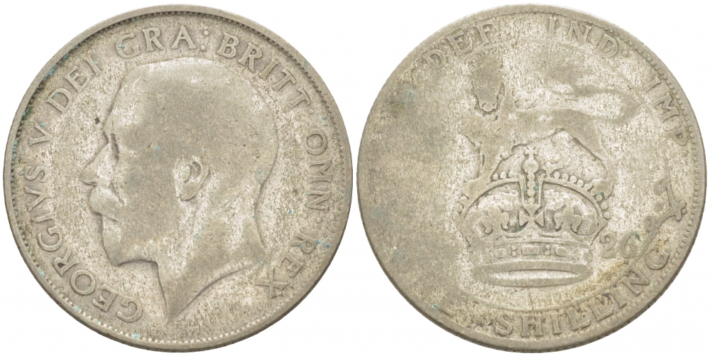 Великобритания 1 шиллинг 1926 Георг V (1910-1936), старая модификация, круглый жемчуг KM 816a, Spink 4023А серебро 4402-1157