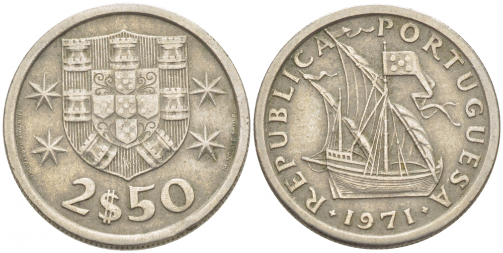ПОРТУГАЛИЯ 2,5 ЭСКУДО 1971 ПАРУСНИК KM 590 медно-никель 3718-315