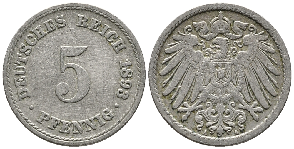 ГЕРМАНИЯ 5 ПФЕННИГОВ 1893 A KM 11, J. 12 медно-никель 39-647
