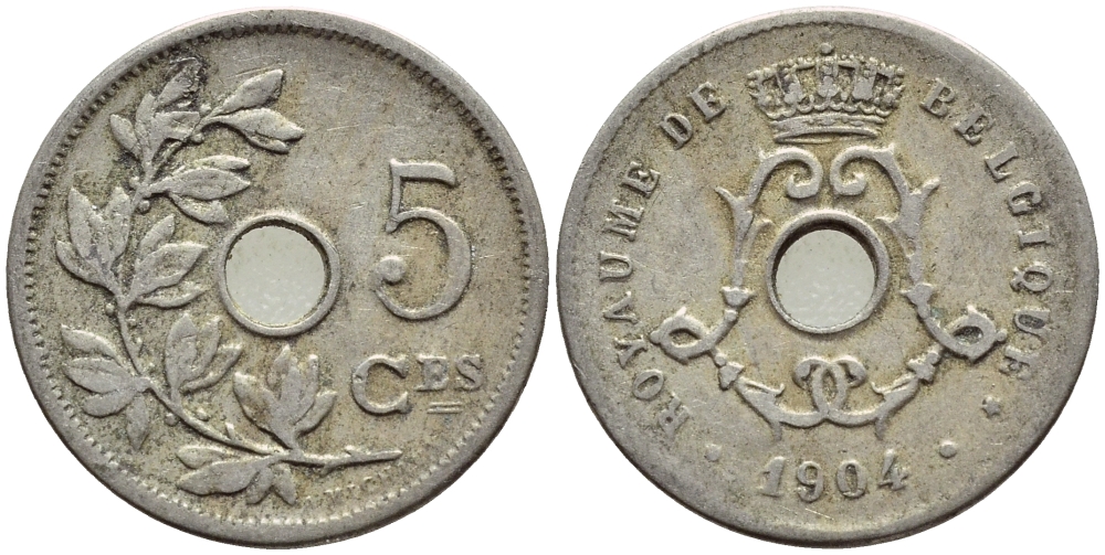 БЕЛЬГИЯ 5 САНТИМОВ 1904 BELGIQUE KM 54 медно-никель 4396-353