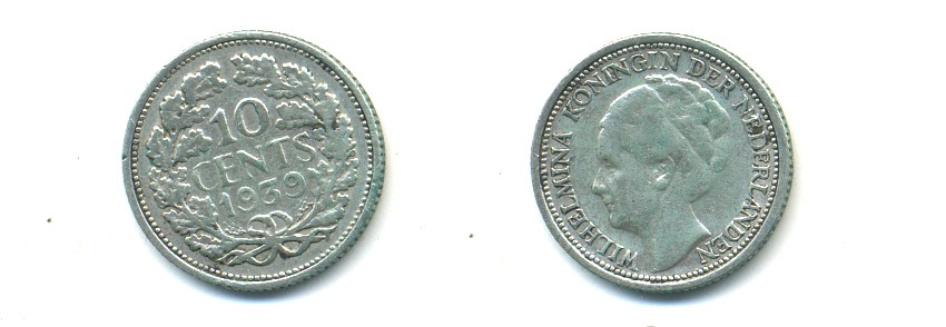 Нидерланды 10 центов 1939 Вильгельмина I (1890-1948) KM 163 серебро 84-947