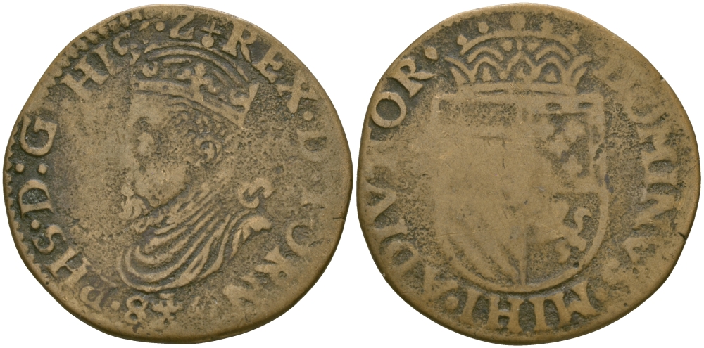 БЕЛЬГИЯ-БРАБАНТ 1 ЛИАРД 1587 ФИЛИППЕ II (1555-1598) медь 65-845