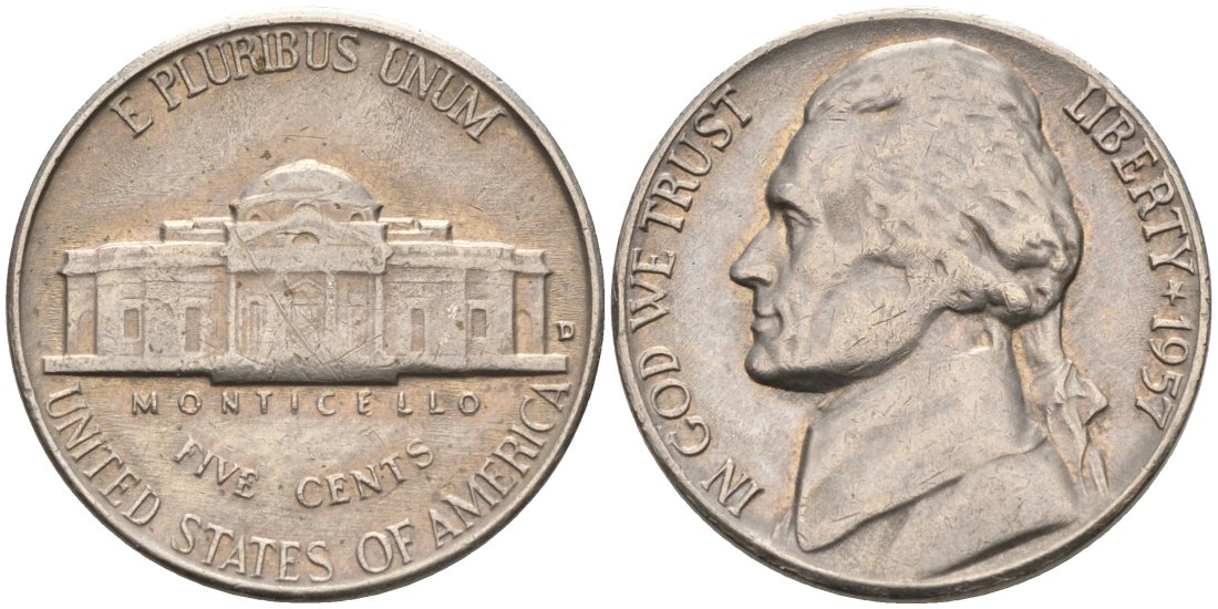 США 5 центов 1957 D, Джефферсон KM А192 медно-никель 92-1032