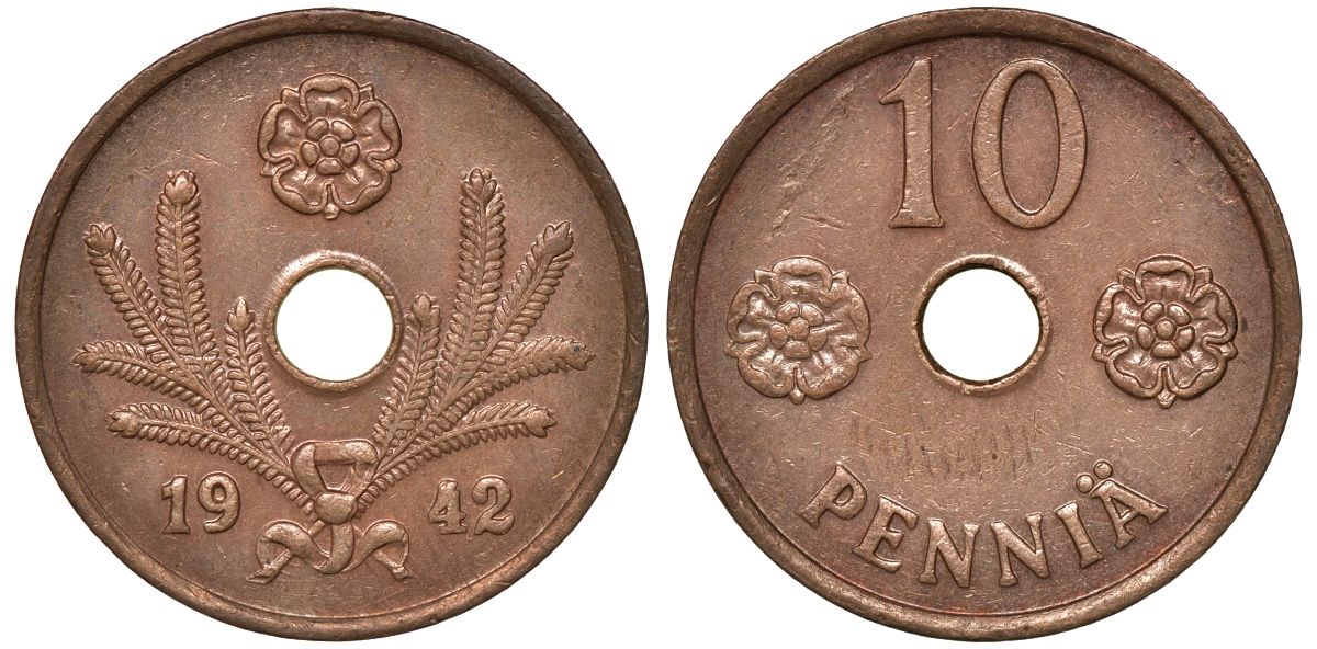 Финляндия 10 пенни 1942 KM 33.1 медь 00-00