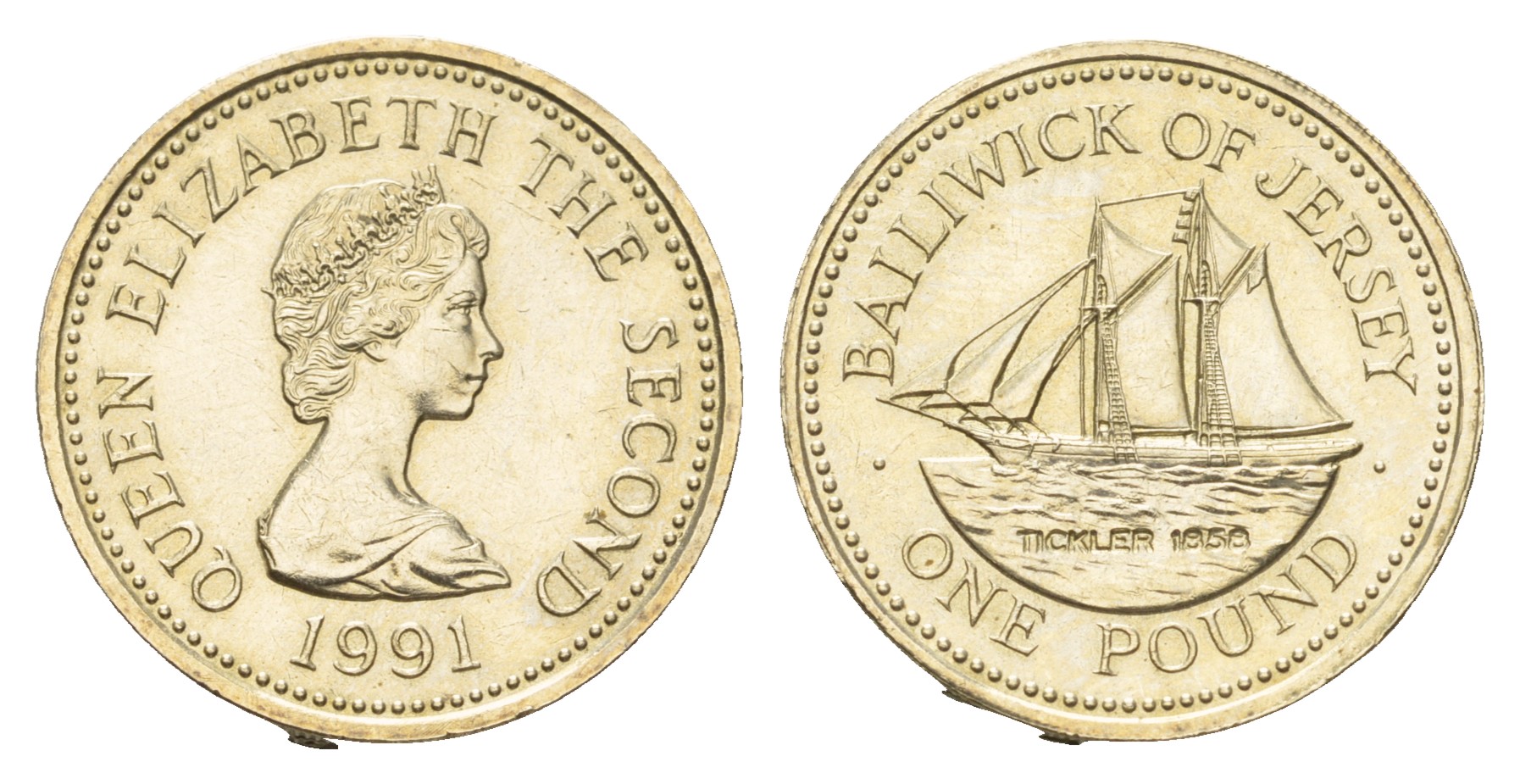 Джерси 1 фунт 1991 Корабли - Шхуна "Tickler", тираж 10.000 экземпляров KM 84 никель латунь BU 1530-1121
