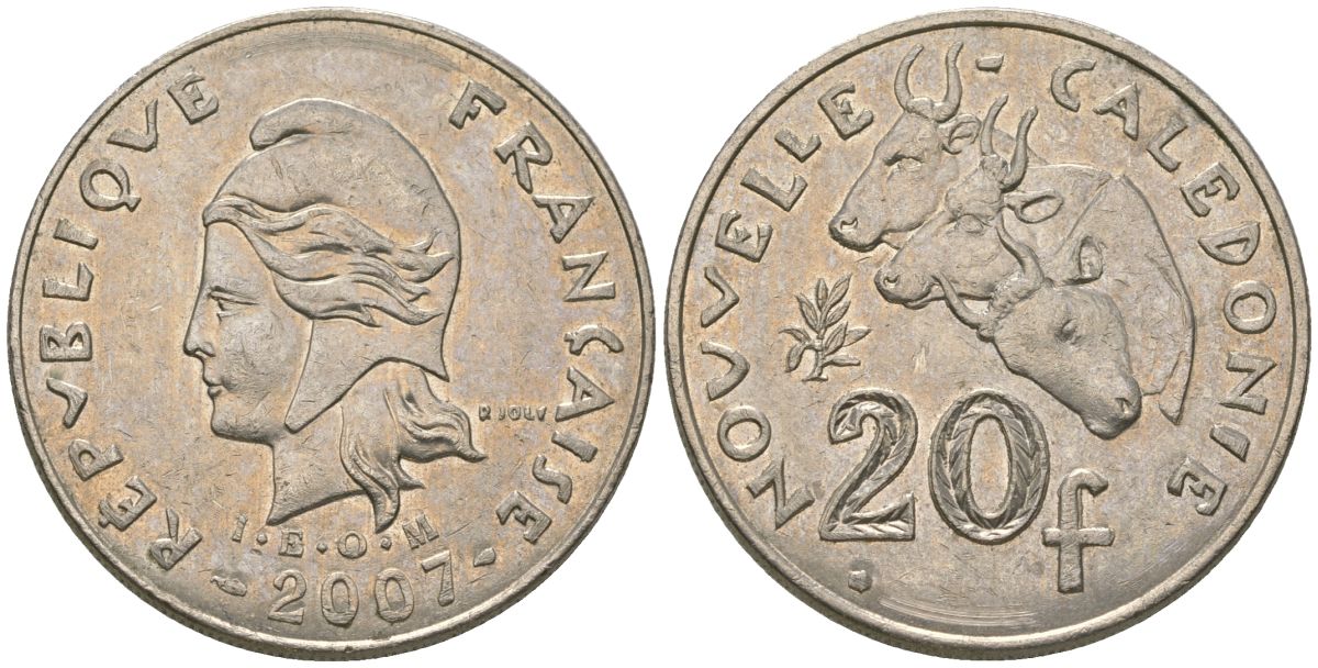 Французская Новая Каледония 20 франков 2007 три быка, (IEOM) KM 12a, Schoen 14a, Lec 115j медно-никель 81-1125