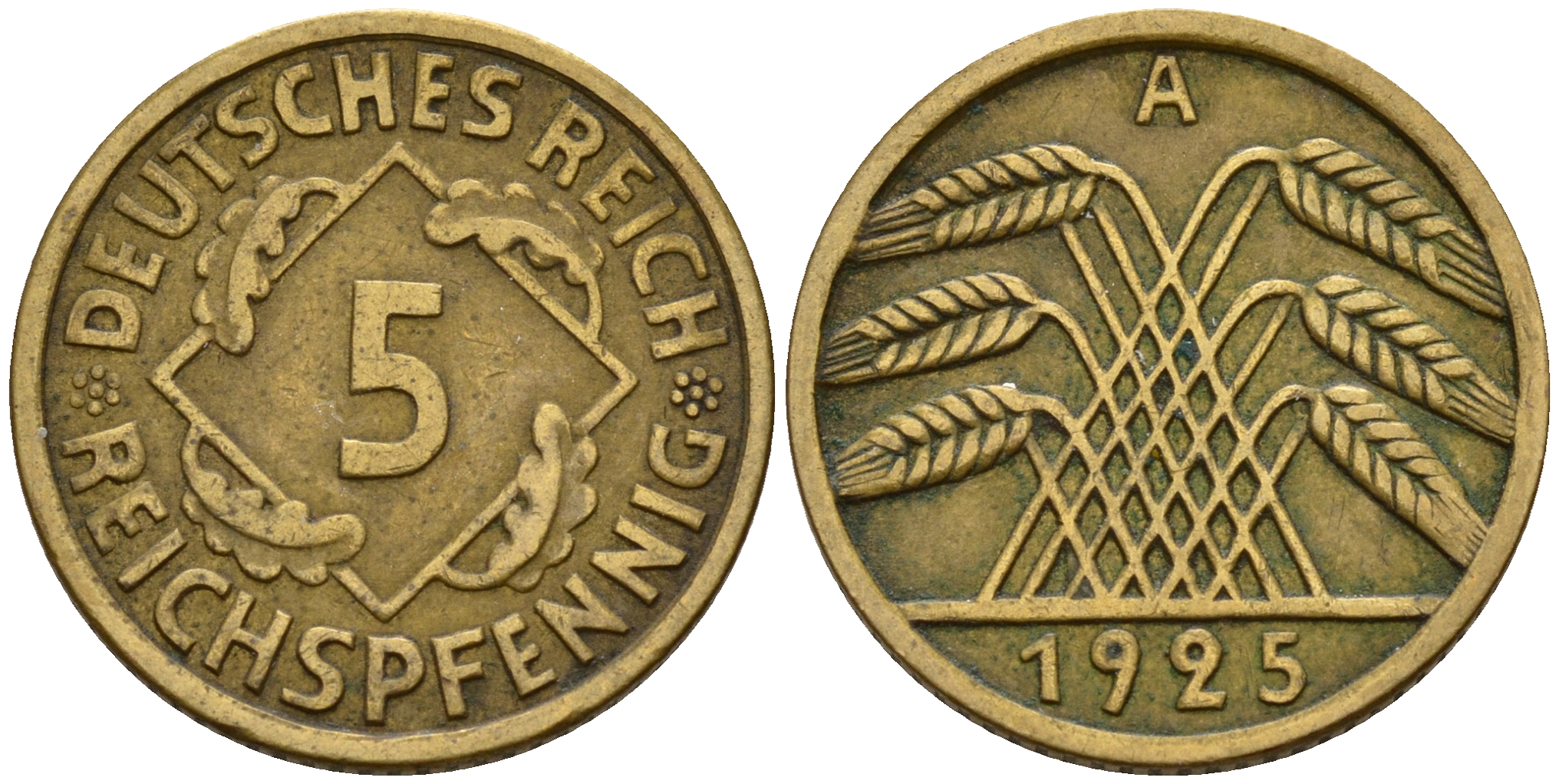 Германия 5 рейхспфеннигов 1925 A KM 39, J. 316, Weege 7 алюминиевая бронза    4598-1161