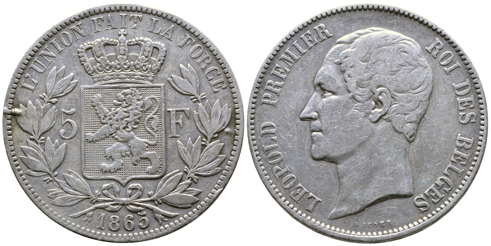 Бельгия 5 франков 1865 Леопольд I (1831-1865) KM 17 серебро 00-1067-5-63