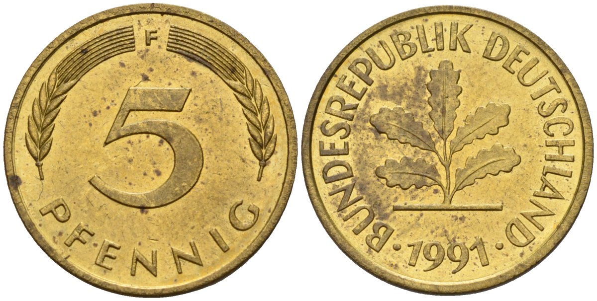 ФРГ 5 пфеннигов 1991 F KM 107, J.382 сталь плакированная латунью 4174-1114