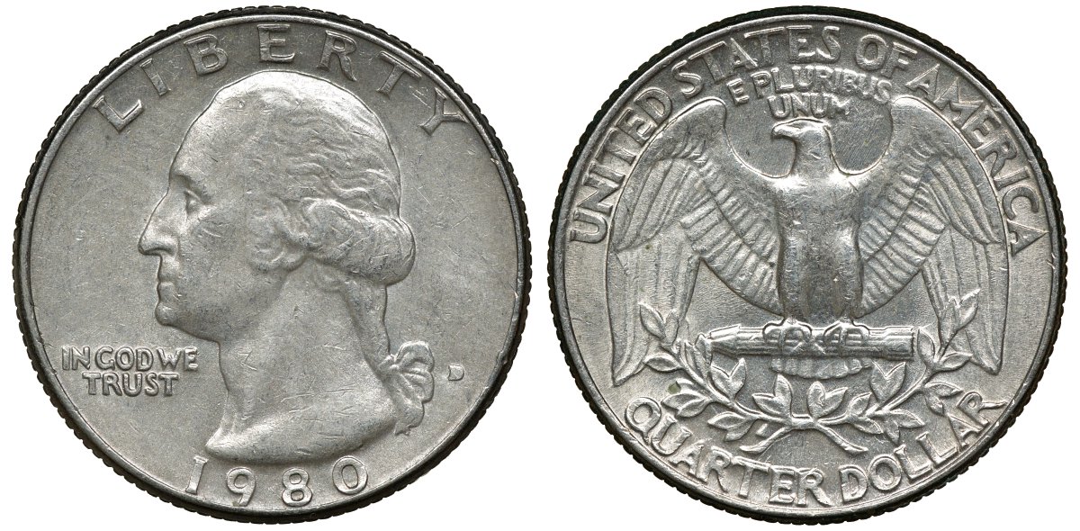 США 25 центов (квотер) 1980 D, Вашингтон KM А164а медь покрытая медно-никелем 72-644