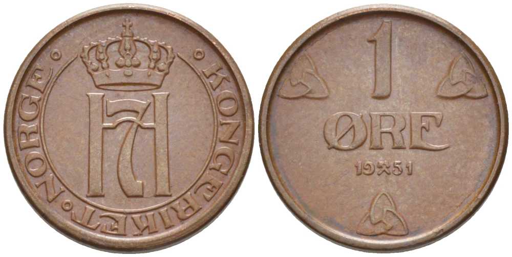 НОРВЕГИЯ 1 ЭРЕ 1951 ХОКОН VII (1905-1957) KM 367 бронза 116-1067