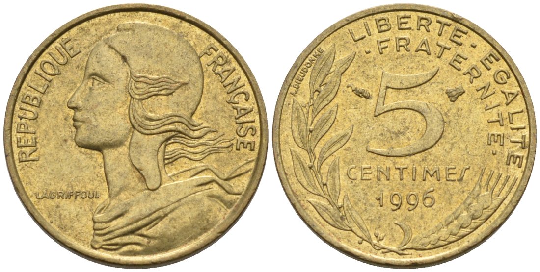 ФРАНЦИЯ 5 САНТИМОВ 1996 ТИП MARIANNE KM 933, LE FRANC 125.39 медь алюминий никель 4567-761