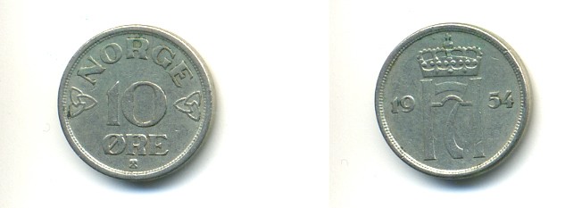 НОРВЕГИЯ 10 ЭРЕ 1954 KM 396 медно-никель 80-853