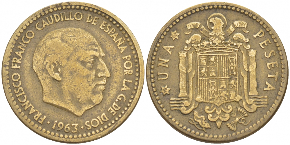 Испания 1 песета 1963 (63) Франсиско Франко (1939-1975) KM 775 алюминиевая бронза 87-1441