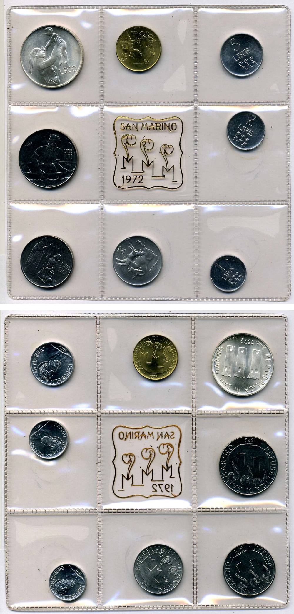 Сан-Марино годовой набор из 8 монет 1972 1, 2, 5, 10, 20, 50, 100 и 500 лир мать поднимает ребенка в воздух KM 14-21, в оригинальной пластиковой запайке серебро KM MS1 серебро UNC 3-4-5-6