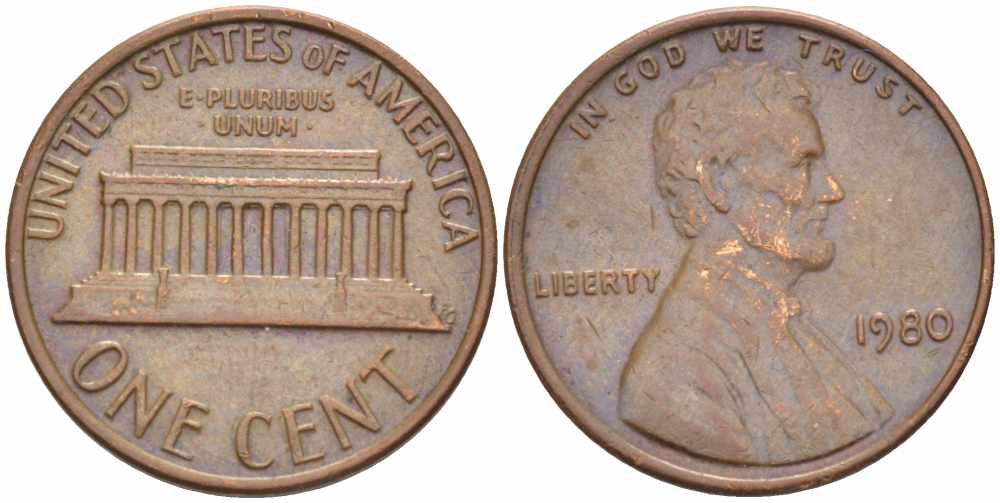 США 1 цент 1980 Авраам Линкольн KM 201 медь цинк 105-639