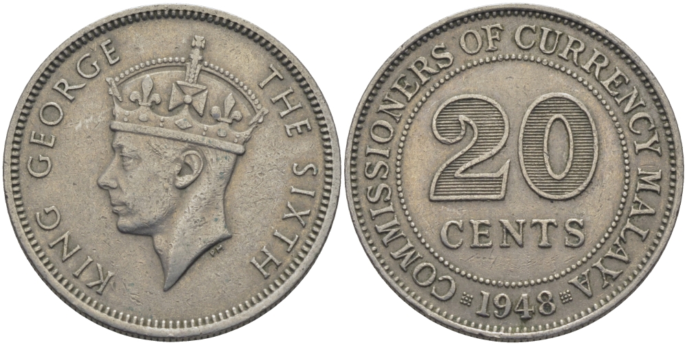 Британская Малайя 20 центов 1948 Георг VI (1937-1952) KM 9 медно-никель 59-711