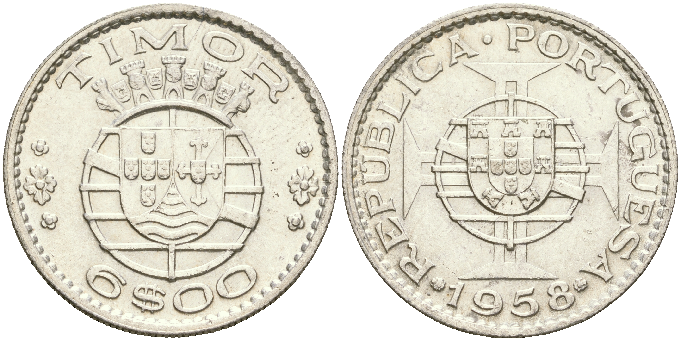 Португальский Тимор 6 эскудо 1958 год тип KM 15 серебро aUNC 4364-1653