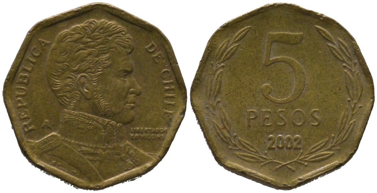 Чили 5 песо 2002 So KM 232, Schon 81 алюминиевая бронза 4387-962