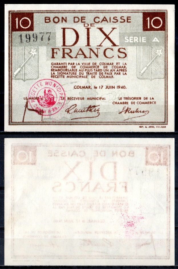 Франция, Кольмар 10 франков 1940 бумага UNC (пресс) 451-901-3