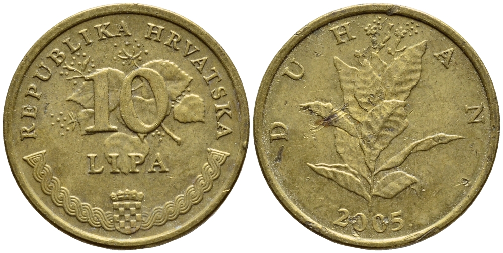 Хорватия 10 лип 2005 табак обыкновенный, легенда на хорватском KM 6 сталь плакированная латунью 4383-152