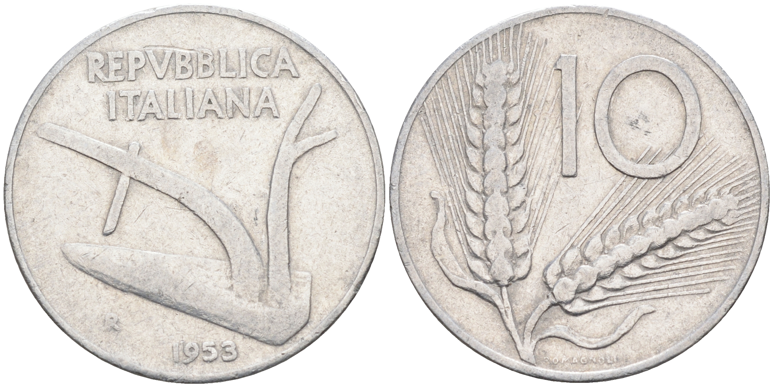 Италия 10 лир 1953 R, плуг, колосья KM 93 алюминий  4595-145